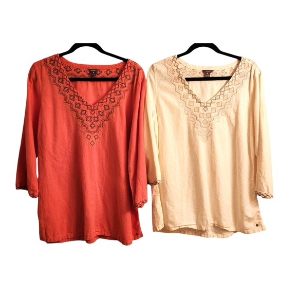 2 Eddie Bauer Vista Point Tunics Linen Blend Coral/Ivory Embroidered Size XL - Picture 1 of 12